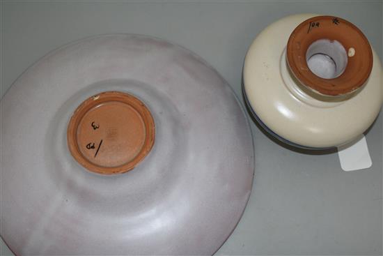 A Carter Stabler Adams broad-rimmed bowl, a similar pedestal fruit bowl, another bowl and a vase, largest bowl diameter 12.75in.